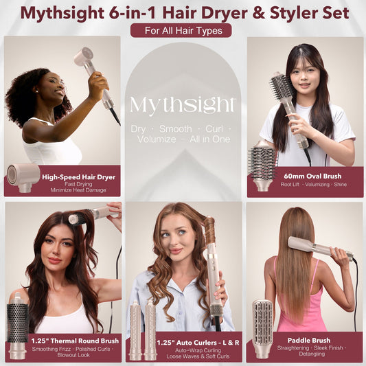 StyleVibe 6-in-1 Multi-Styler, Blow Dryer Brush & Thermal Brush with Auto Wrap Curl L/R, Fast Drying, Smooth Blowouts, Root-Lift Volume, No Heat Damage Frizz-Free Air Styler with Travel Bag (Champagne Gold)