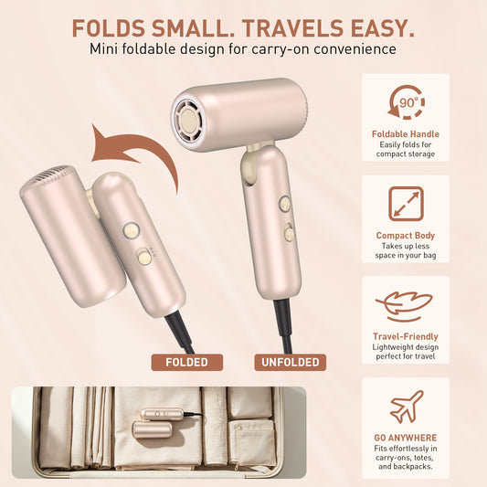 Mythsight StyleVibe High-Speed Dual Voltage Foldable Travel Hair Dryer Lightweight, 500 Million Negative Ions, 100-240V Blow Dryer with Diffuser and Concentrator for Fast Drying and Frizz Control