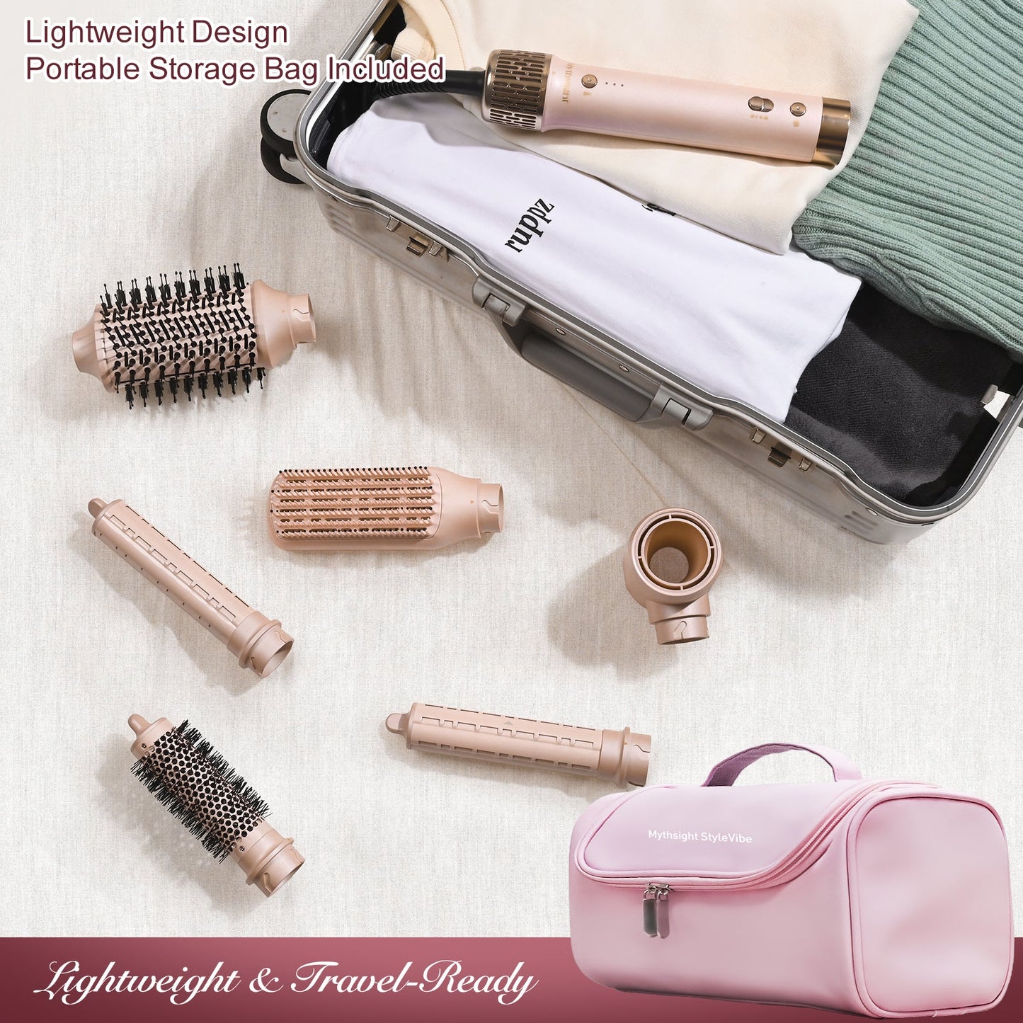 StyleVibe 6-in-1 Multi-Styler, Blow Dryer Brush & Thermal Brush with Auto Wrap Curl L/R, Fast Drying, Smooth Blowouts, Root-Lift Volume, No Heat Damage Frizz-Free Air Styler with Travel Bag (Champagne Gold)