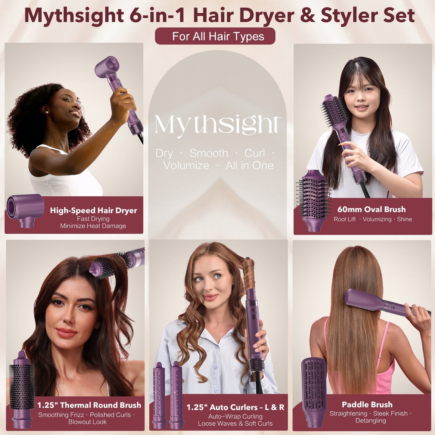 StyleVibe 6-in-1 Multi-Styler, Blow Dryer Brush & Thermal Brush with Auto Wrap Curl L/R, Fast Drying, Smooth Blowouts, Root-Lift Volume, No Heat Damage Frizz-Free Air Styler with Travel Bag (Purple)