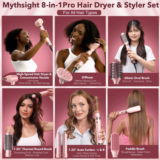 StyleVibe 8-in-1 Multi-Styler, Blow Dryer Brush & Thermal Brush with Auto Wrap Curl L/R, Fast Drying, Smooth Blowouts, Root-Lift Volume, No Heat Damage Frizz-Free Air Styler with Travel Bag (Pink)