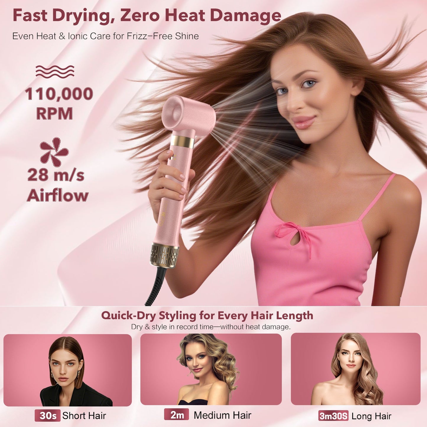 StyleVibe 8-in-1 Multi-Styler, Blow Dryer Brush & Thermal Brush with Auto Wrap Curl L/R, Fast Drying, Smooth Blowouts, Root-Lift Volume, No Heat Damage Frizz-Free Air Styler with Travel Bag (Pink)