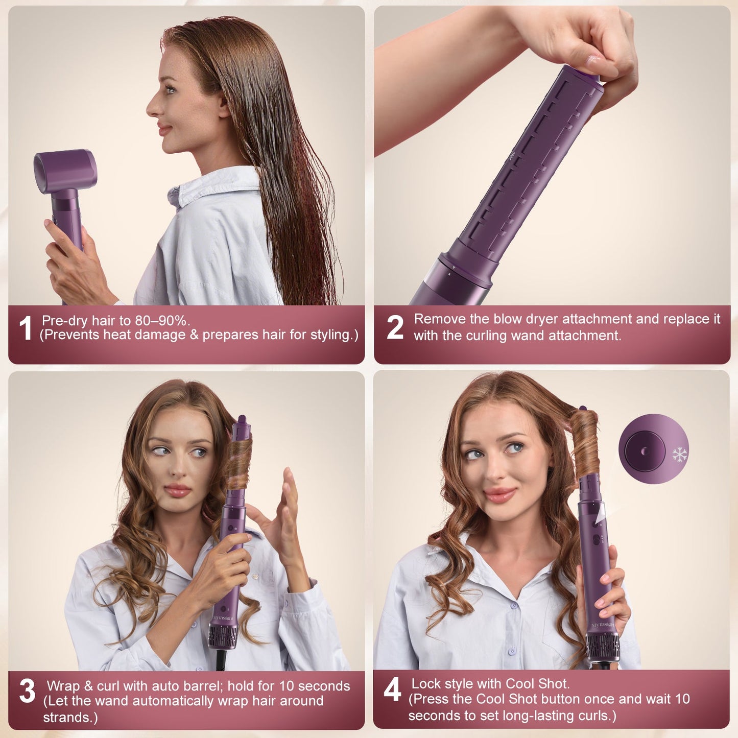 StyleVibe 6-in-1 Multi-Styler, Blow Dryer Brush & Thermal Brush with Auto Wrap Curl L/R, Fast Drying, Smooth Blowouts, Root-Lift Volume, No Heat Damage Frizz-Free Air Styler with Travel Bag (Purple)