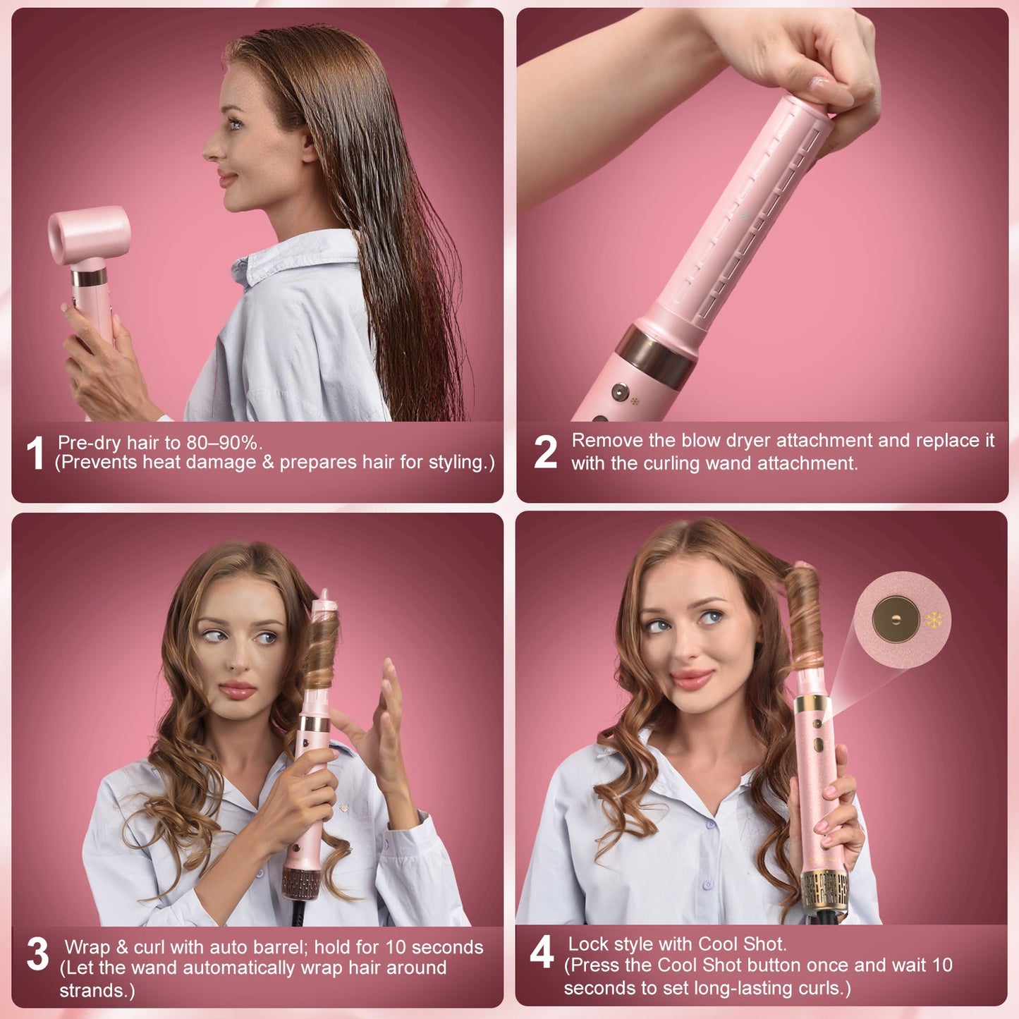 StyleVibe 8-in-1 Multi-Styler, Blow Dryer Brush & Thermal Brush with Auto Wrap Curl L/R, Fast Drying, Smooth Blowouts, Root-Lift Volume, No Heat Damage Frizz-Free Air Styler with Travel Bag (Pink)