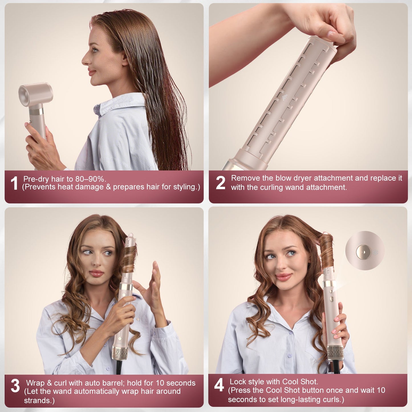 StyleVibe 6-in-1 Multi-Styler, Blow Dryer Brush & Thermal Brush with Auto Wrap Curl L/R, Fast Drying, Smooth Blowouts, Root-Lift Volume, No Heat Damage Frizz-Free Air Styler with Travel Bag (Champagne Gold)