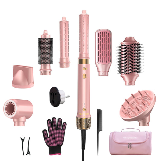 StyleVibe Dual Voltage 8-in-1 Multi-Styler, Blow Dryer Brush & Thermal Brush with Auto Wrap Curl L/R, Fast Drying, Smooth Blowouts, Root-Lift Volume, No Heat Damage Frizz-Free Air Styler with Travel Bag (Pink)