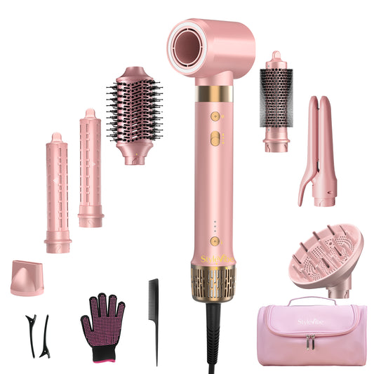 StyleVibe Dual Voltage 8-in-1 Multi-Styler, Blow Dryer Brush & Thermal Brush with Auto Wrap Curl L/R, Fast Drying, Smooth Blowouts, Root-Lift Volume, No Heat Damage Frizz-Free Air Styler with Travel Bag (Pink)
