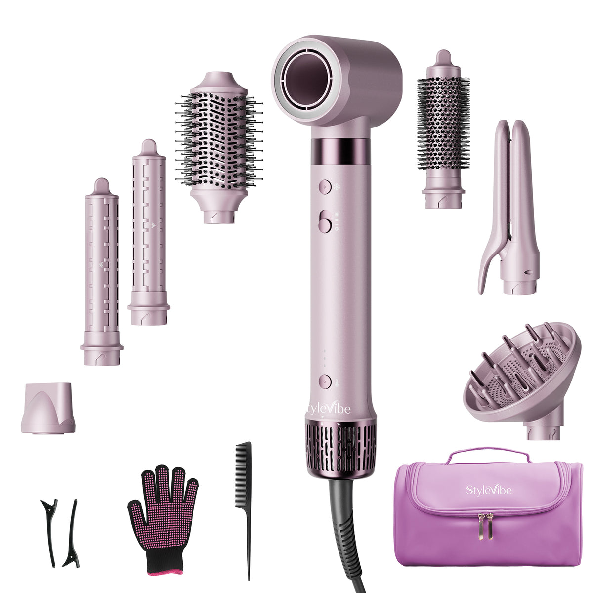 StyleVibe Dual Voltage 8-in-1 Multi-Styler, Blow Dryer Brush & Thermal Brush with Auto Wrap Curl L/R, Fast Drying, Smooth Blowouts, Root-Lift Volume, No Heat Damage Frizz-Free Air Styler with Travel Bag (Pink)
