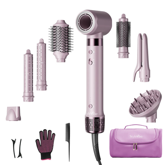 StyleVibe Dual Voltage 8-in-1 Multi-Styler, Blow Dryer Brush & Thermal Brush with Auto Wrap Curl L/R, Fast Drying, Smooth Blowouts, Root-Lift Volume, No Heat Damage Frizz-Free Air Styler with Travel Bag (Pink)