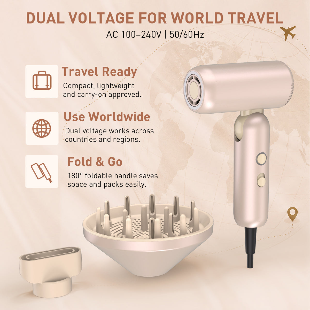 Mythsight StyleVibe High-Speed Dual Voltage Foldable Travel Hair Dryer Lightweight, 500 Million Negative Ions, 100-240V Blow Dryer with Diffuser and Concentrator for Fast Drying and Frizz Control
