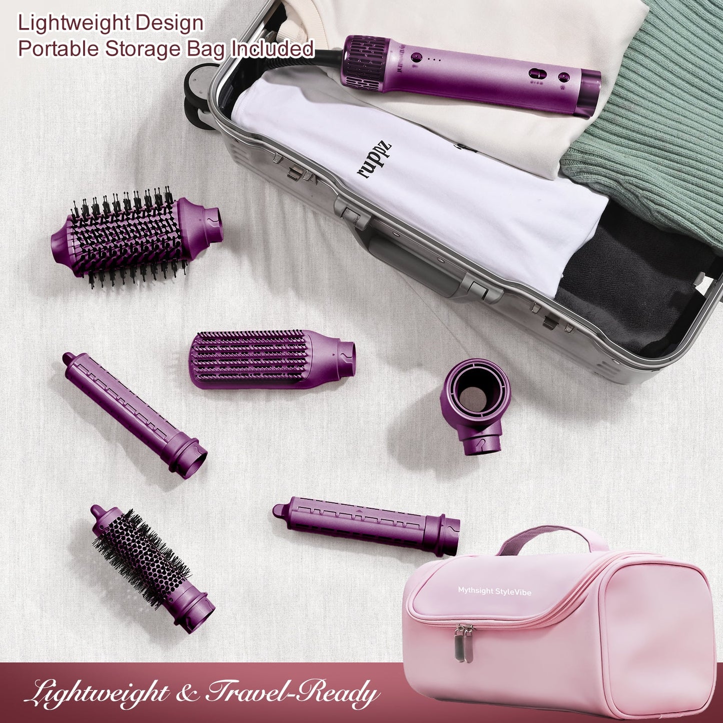 StyleVibe 6-in-1 Multi-Styler, Blow Dryer Brush & Thermal Brush with Auto Wrap Curl L/R, Fast Drying, Smooth Blowouts, Root-Lift Volume, No Heat Damage Frizz-Free Air Styler with Travel Bag (Purple)