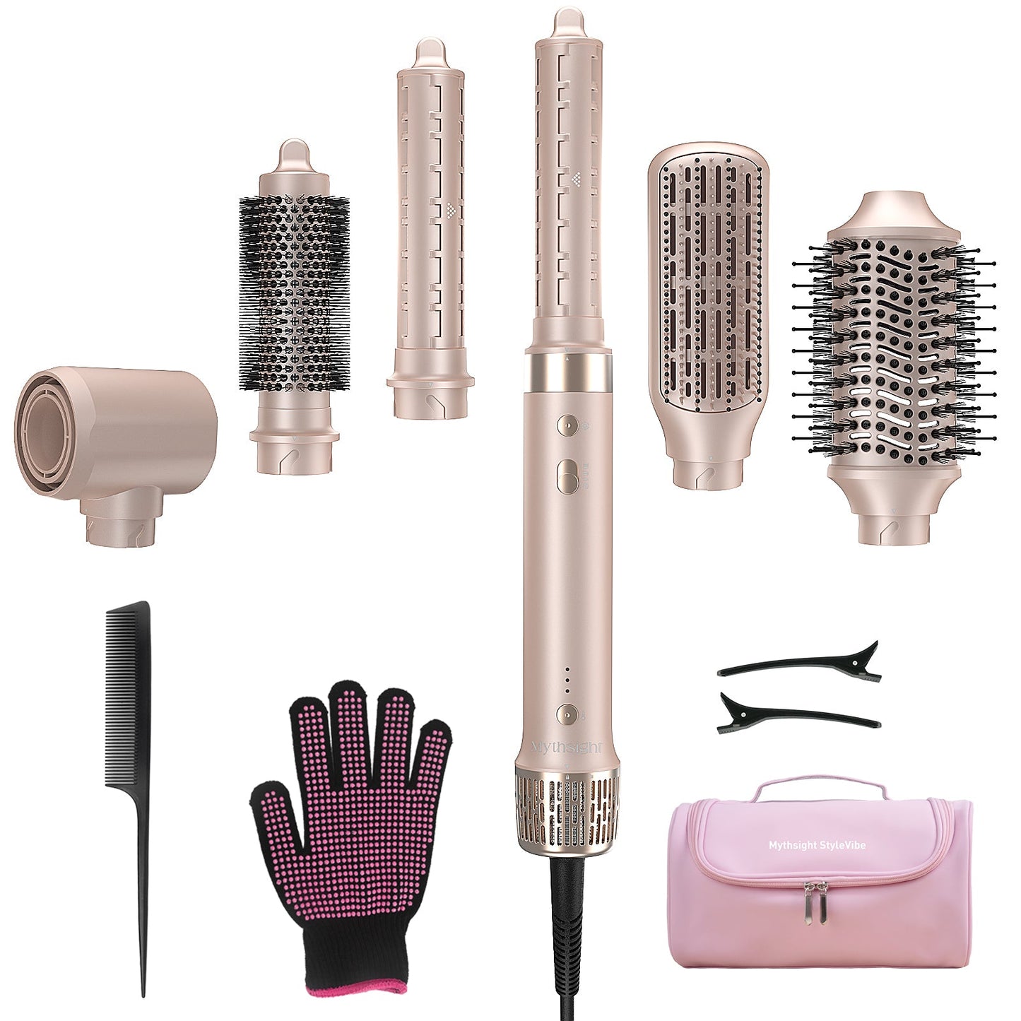 StyleVibe 6-in-1 Multi-Styler, Blow Dryer Brush & Thermal Brush with Auto Wrap Curl L/R, Fast Drying, Smooth Blowouts, Root-Lift Volume, No Heat Damage Frizz-Free Air Styler with Travel Bag (Champagne Gold)