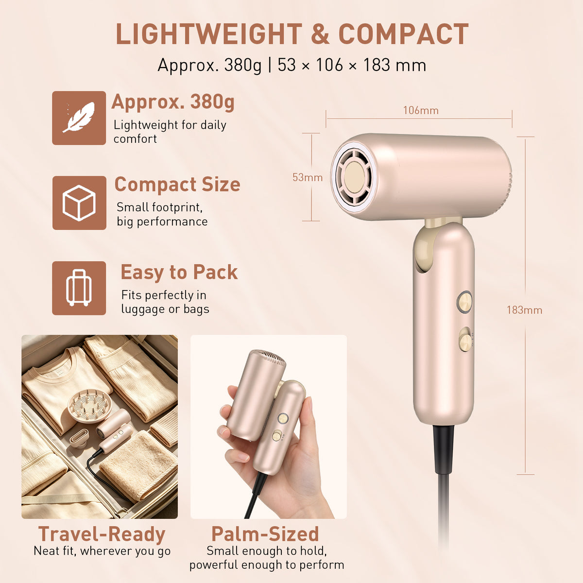 Mythsight StyleVibe High-Speed Dual Voltage Foldable Travel Hair Dryer Lightweight, 500 Million Negative Ions, 100-240V Blow Dryer with Diffuser and Concentrator for Fast Drying and Frizz Control