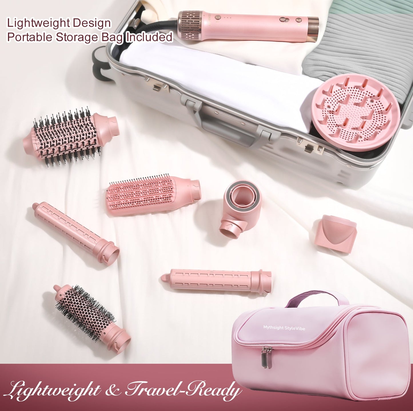 StyleVibe 8-in-1 Multi-Styler, Blow Dryer Brush & Thermal Brush with Auto Wrap Curl L/R, Fast Drying, Smooth Blowouts, Root-Lift Volume, No Heat Damage Frizz-Free Air Styler with Travel Bag (Pink)