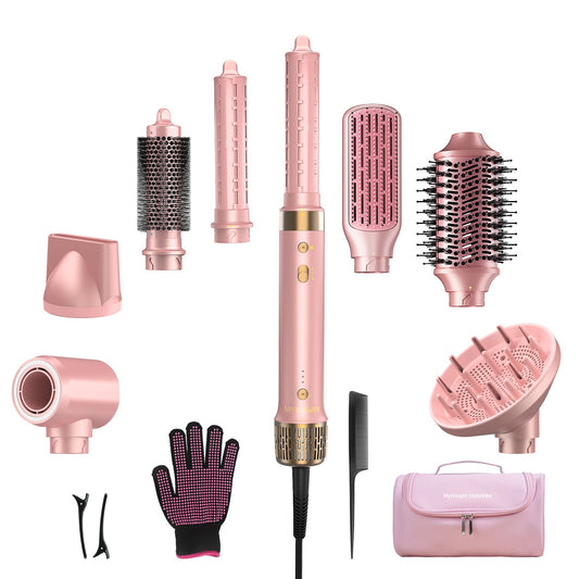 StyleVibe 8-in-1 Multi-Styler, Blow Dryer Brush & Thermal Brush with Auto Wrap Curl L/R, Fast Drying, Smooth Blowouts, Root-Lift Volume, No Heat Damage Frizz-Free Air Styler with Travel Bag (Pink)