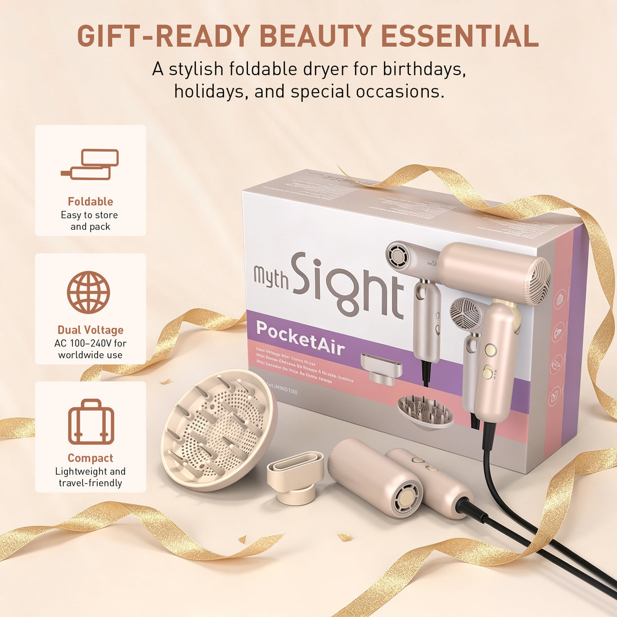 Mythsight StyleVibe High-Speed Dual Voltage Foldable Travel Hair Dryer Lightweight, 500 Million Negative Ions, 100-240V Blow Dryer with Diffuser and Concentrator for Fast Drying and Frizz Control